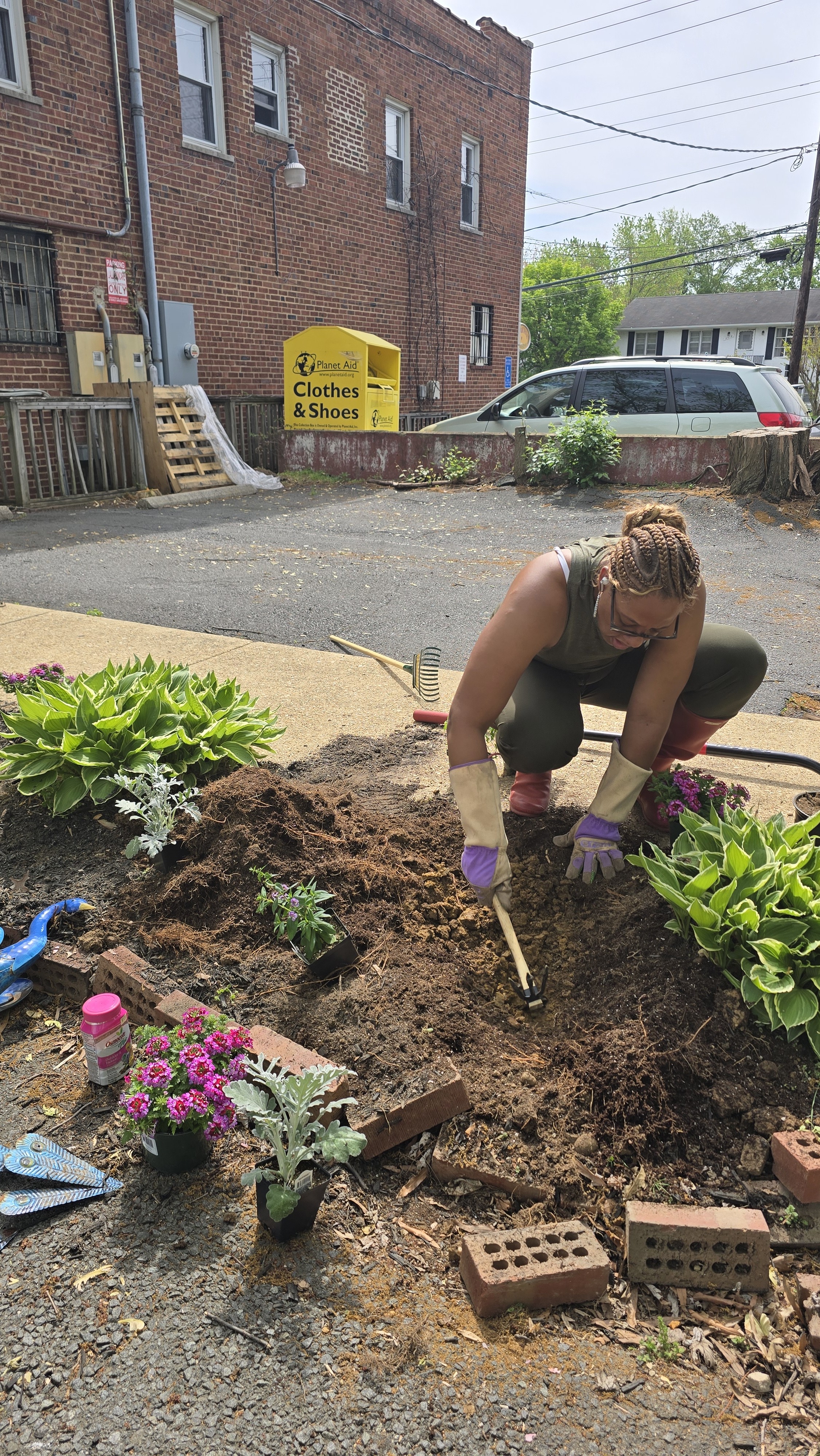 Kendra hand-planting a curbside garden bed